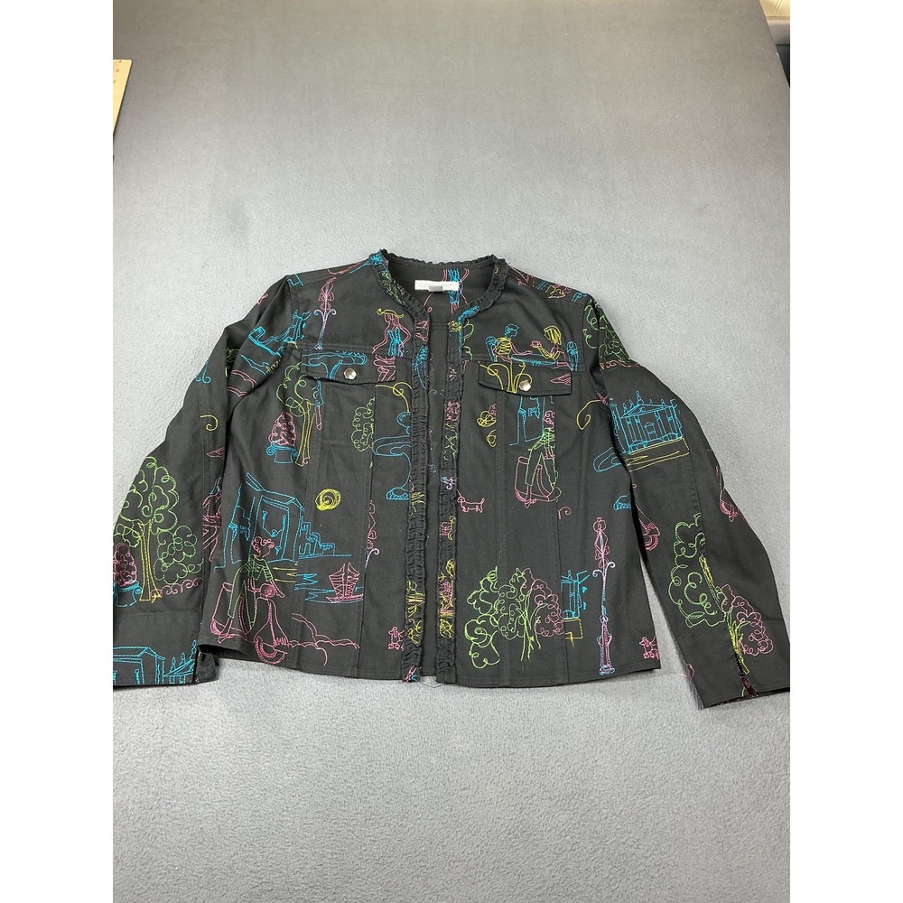 Coldwater Creek Jacket Womens PS Black Embroidered City Art Denim Petite